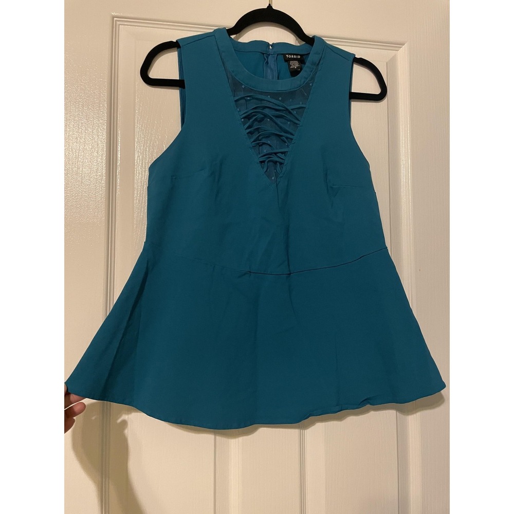 Torrid Tank Top Womens 0 Blue Mesh Lattice Cutout Peplum Zip Back Sleeveless